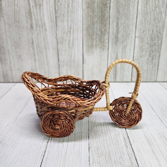 Vintage Wicker Tricycle Carriage Planter Bamboo Rattan 5'' Decorative - Picture 2 of 7